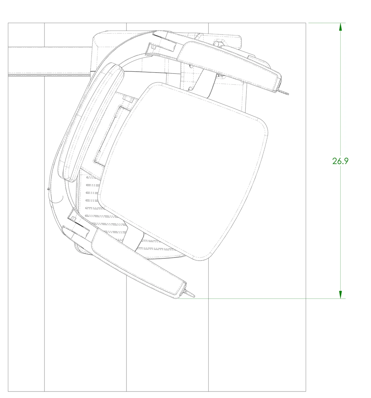 Bruno top-view drawing of the Elan seat swiveled 67 degrees at the top landing, dimensioned 26.9 inches from the wall to the farthest point of the chair