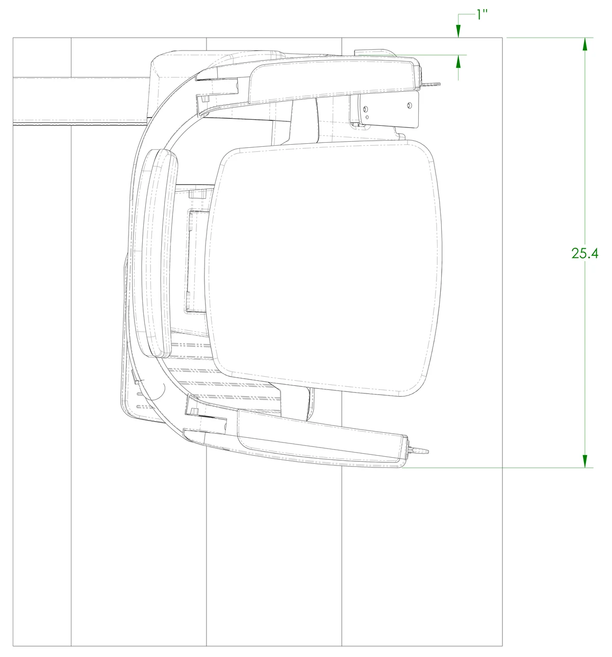 Bruno top-view drawing of the Elan seat swiveled 90 degrees at the top landing, dimensioned 25.4 inches from the wall to the farthest point of the chair