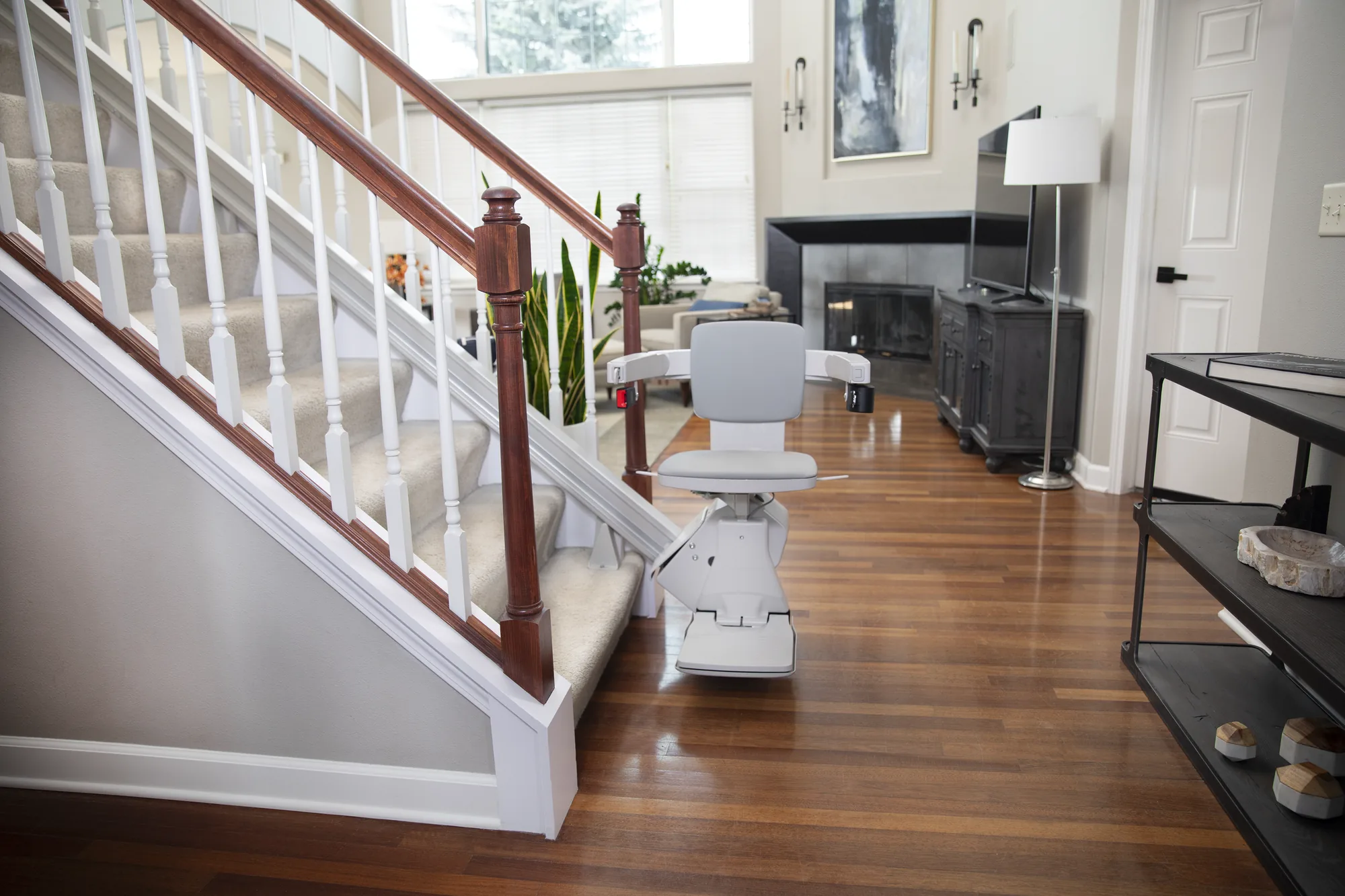 Bruno Elan SRE-5000 stairlift on a straight indoor staircase in a New Jersey home